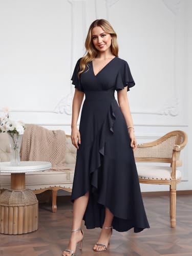 Long Formal Dresses for Women Elegant V Neck Wrap Ruffle Cocktail Wedding Guest Dress Evening Party Gown