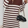 Women's Winter Sweater Dress 2024 Striped Long Sleeve Lapel Collar Chunky Knit Slouchy Oversized Sweaters