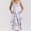 Women's Lace Spliced Floral Print Vacation Dress Sexy Square Neck Spaghetti Straps Slim Fit Midi Dresses