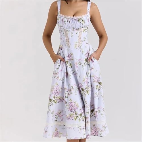 Women's Lace Spliced Floral Print Vacation Dress Sexy Square Neck Spaghetti Straps Slim Fit Midi Dresses