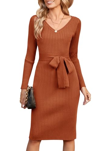 Womens 2025 Sweater Dress Long Sleeve Fall Midi Ribbed Knit Winter Belted Bodycon Dresses Work Clothes