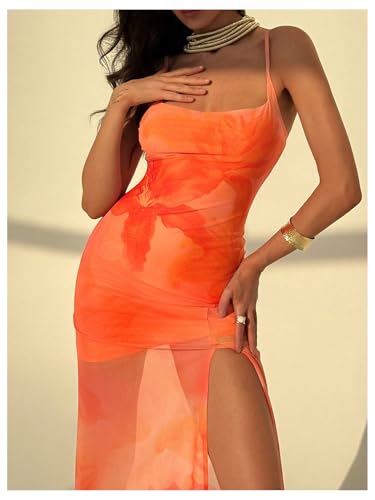 Women Floral Split Thigh Mesh Cami Dress Sexy Open Back Spaghetti Strap Maxi Dresses
