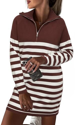 Women's Winter Sweater Dress 2024 Striped Long Sleeve Lapel Collar Chunky Knit Slouchy Oversized Sweaters