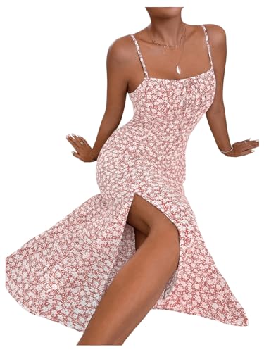 Women's Summer Split Thigh Spaghetti Strap Cami Midi Floral Dress