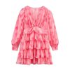 Women's Print Stacked Skirt - V-Neck Long Sleeve Cake Loose Casual