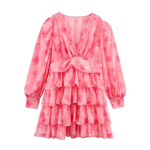 Women's Print Stacked Skirt - V-Neck Long Sleeve Cake Loose Casual