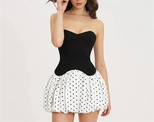 Women's Strapless Polka Dress - Dot Patchwork Ultra Short Holiday Party