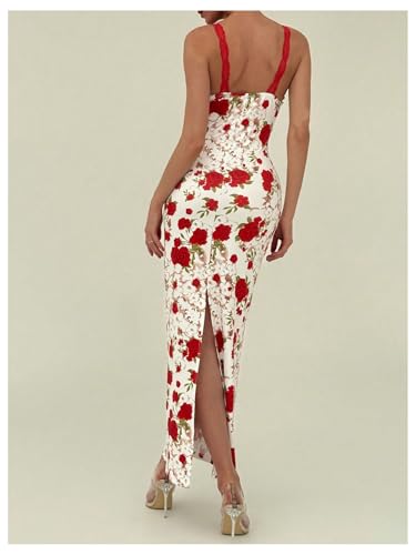 Women's Floral Print Sleeveless Cami Dress Lace Trim Slit Bodycon Long Dresses