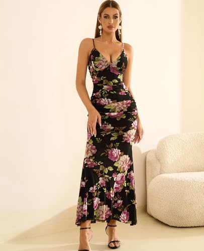 Women's Floral Wedding Guest Formal Maxi Dress Bodycon Spaghetti Strap V Neck Elegant Cocatail Dresses