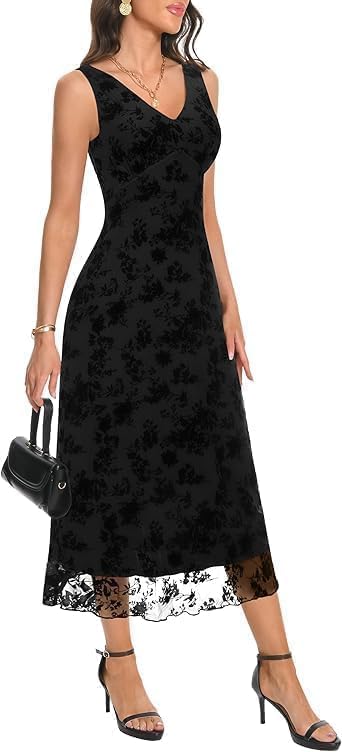 Women's Elegant V Neck Sleeveless Long Dress Double Layers Floral Mesh Maxi Dress Summer Casual Wedding Guest Outfits