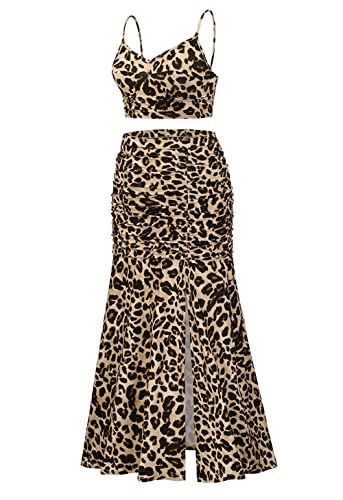 Women's Summer Floral Printed Spaghetti Strap Cami Top and Split Thigh Skirt Set Slim Fit Club Party Dress