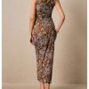 Women's Floral Leopard Twisted Mesh Dress Sleeveless Bodycon Long Cocktail Dresses