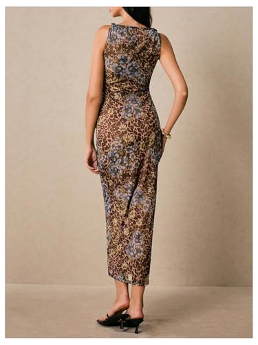 Women's Floral Leopard Twisted Mesh Dress Sleeveless Bodycon Long Cocktail Dresses