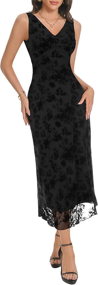 Women's Elegant V Neck Sleeveless Long Dress Double Layers Floral Mesh Maxi Dress Summer Casual Wedding Guest Outfits