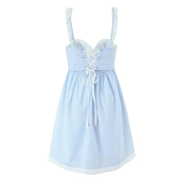 Women's Lace Spliced Spaghetti Straps Short Dress Backless High Waist A-Line Casual Dresses