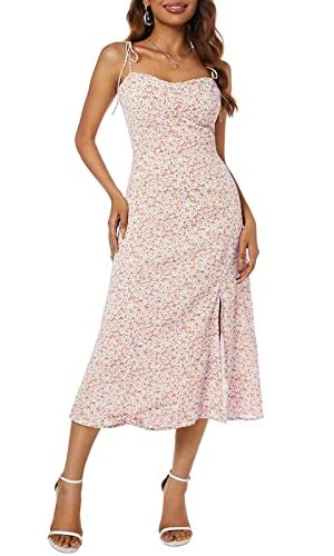 Women's Spaghetti Sleeveless Tie Shoulder Floral Print Strappy Sundress Casual Midi Dress