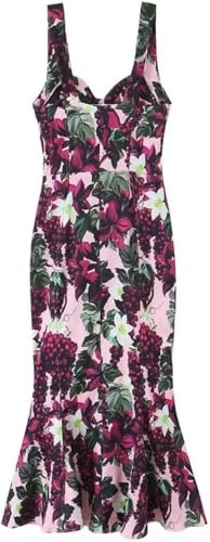 Women's Floral Print Dress with Heart Shaped Collar Slim Fit Straps Side Zipper Long Maxi Skirt