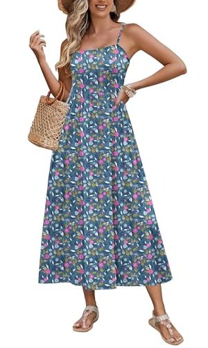 Women's Summer Casual Boho Sundress Spaghetti Strap Square Neck Flowy Midi Dresses A Line Beach Dress with Pockets