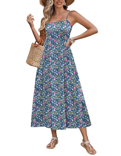 Women's Summer Casual Boho Sundress Spaghetti Strap Square Neck Flowy Midi Dresses A Line Beach Dress with Pockets