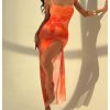 Women Floral Split Thigh Mesh Cami Dress Sexy Open Back Spaghetti Strap Maxi Dresses