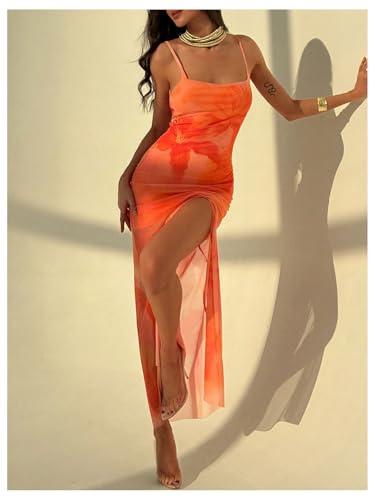 Women Floral Split Thigh Mesh Cami Dress Sexy Open Back Spaghetti Strap Maxi Dresses