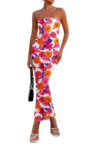 Women's 2025 Summer Floral Bodycon Maxi Dresses Ribbed Strapless Tube Casual Boho Party Long Dress