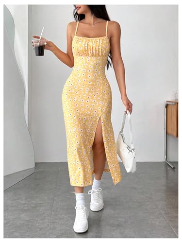 Women's Floral Print Split Thigh Midi Cami Dress Square Neck High Waist Slim Fit Summer Dress