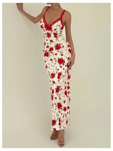 Women's Floral Print Sleeveless Cami Dress Lace Trim Slit Bodycon Long Dresses