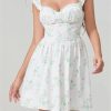 Women's Short Mini Dress Short Sleeve Low-Cut Backless Flower Print A-Line Dress High Waist Vestidos