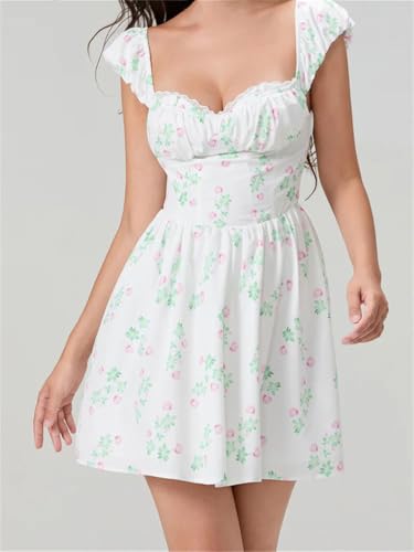Women's Short Mini Dress Short Sleeve Low-Cut Backless Flower Print A-Line Dress High Waist Vestidos