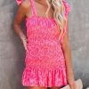 Women Spaghetti Floral Print Tiered Tie Slim Fit Short Dresses Summer Sleeveless Ruffle Smocked Mini Dress