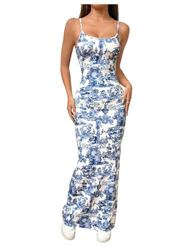 Women's Summer Maxi Dress Spaghetti Strap Printed Beach Bodycon Long Dresses