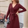 Womens 2025 Fall Dresses Teacher Church Business Casual Work Outfits Knit Midi Sweater Pockets Belt Dress