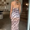 Women’s Spaghetti Strap Lace-up Maxi Dress Zebra Print Sleeveless Bodycon Long Party Dress