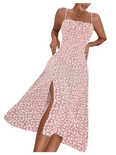 Women's Summer Split Thigh Spaghetti Strap Cami Midi Floral Dress