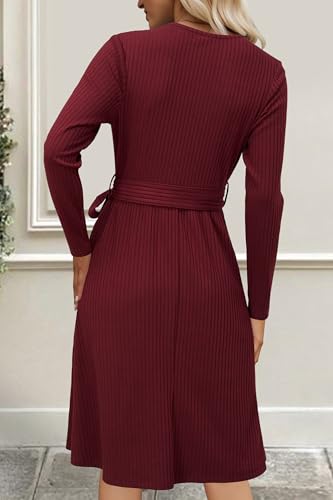 Womens 2025 Fall Dresses Teacher Church Business Casual Work Outfits Knit Midi Sweater Pockets Belt Dress