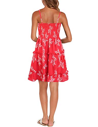 Women Floral Casual Tiered Mini Dresses Spaghetti Strap V Neck Backless A Line Swing Short Dress with Pockets