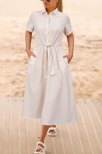 Womens Wear to Work Teacher Business Casual Outfits Long Dresses Tie Waist Shirt Dress Attire with Pockets
