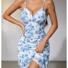 Women Boho Floral Ruched V Neck Cami Mini Dress Lettuce Trim Spaghetti Strap Short Dress