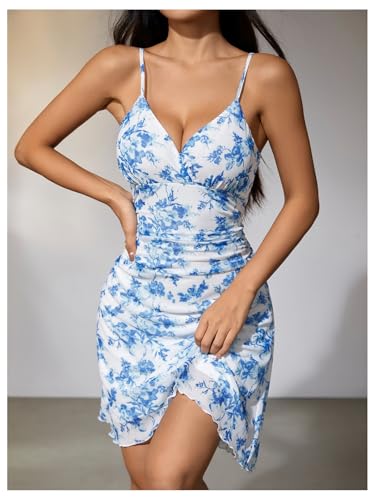 Women Boho Floral Ruched V Neck Cami Mini Dress Lettuce Trim Spaghetti Strap Short Dress
