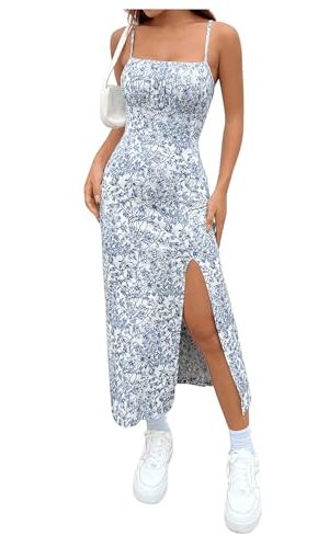 Women's Summer Ditsy Floral Print Spaghetti Strap Split Thigh Cami Midi Dress