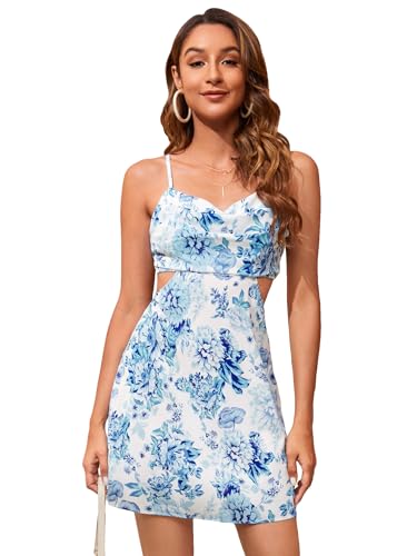 Women's Floral Print Cut Out Draped Cowl Neck Backless Mini Cami Dress
