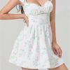 Women's Short Mini Dress Short Sleeve Low-Cut Backless Flower Print A-Line Dress High Waist Vestidos