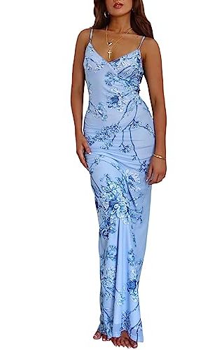 Women Vintage Spaghetti Strap Maxi Dress Sexy Low Cut Backless Floral Satin Slip Long Dress Y2k Cami Bodycon Dresses