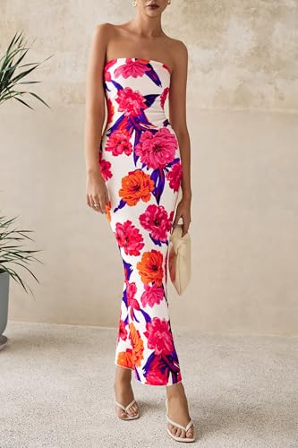 Women's 2025 Summer Floral Bodycon Maxi Dresses Ribbed Strapless Tube Casual Boho Party Long Dress