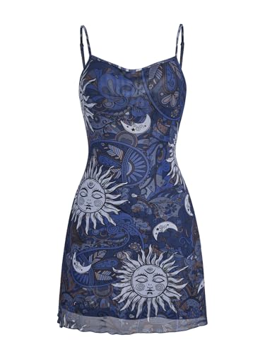 Women's Vintage 90s Mini Dress Spaghetti Strap Boho Mesh Short Dresses