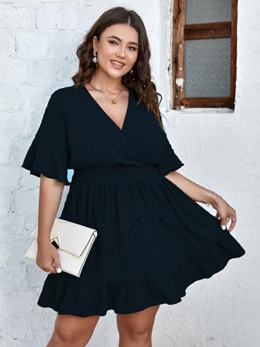 Plus Size Casual Summer Dress for Women Swiss Dot Wrap V Neck Ruffle Sleeve Smock Boho Mini Dress