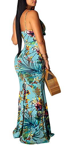 Women's Summer Floral Spaghetti Strap Long Maxi Dresses Low-Cut Bohemian Beach Sundress