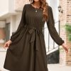 Womens Long Sleeve Casual Dresses 2025 Business Work Teacher Fall Church Belted A Line Flowy Midi Dress