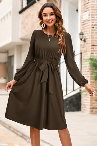 Womens Long Sleeve Casual Dresses 2025 Business Work Teacher Fall Church Belted A Line Flowy Midi Dress